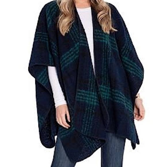 Woolrich Green Blue Plaid One Size Poncho Wrap Shawl - Picture 1 of 6